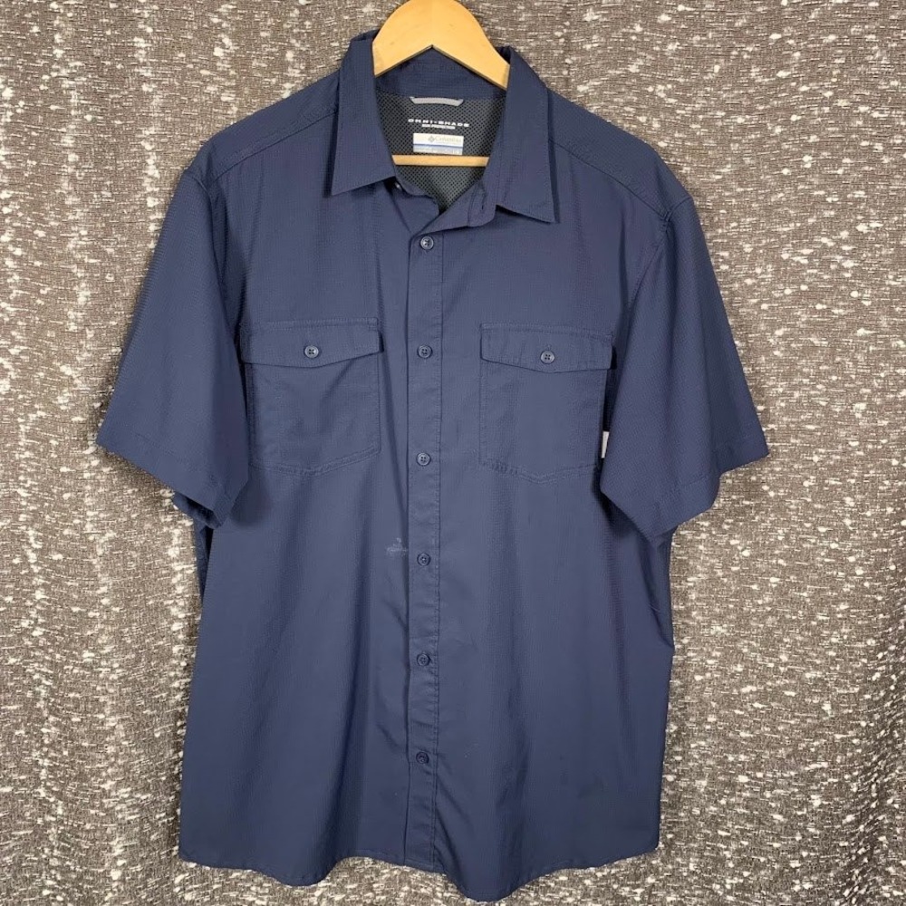 Columbia Omni-Shade Short Sleeve Button Up Shirt Blue Outdoor Men's Large